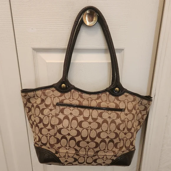 Coach 12369 Bleecker Khaki Jacquard Sig C with Brown Leather Trim Tote Bag Purse - Picture 2 of 7